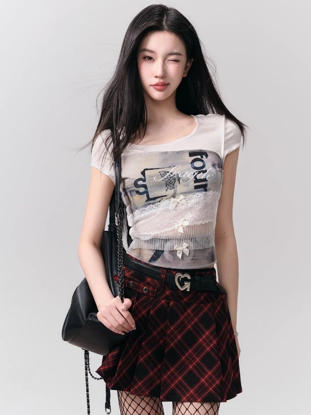 Printed Lace Stitching Bow Slim T-Shirt