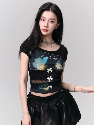 Printed Lace Stitching Bow Slim T-Shirt