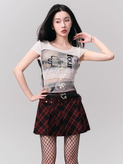 Printed Lace Stitching Bow Slim T-Shirt