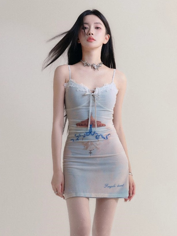 Romantic Lace Suspender Slim Dress