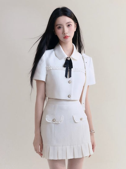 Ribbon Short Sleeve Cropped Jacket ＆ Pleated Frill Mini Skirt