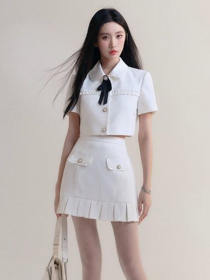 Ribbon Short Sleeve Cropped Jacket ＆ Pleated Frill Mini Skirt