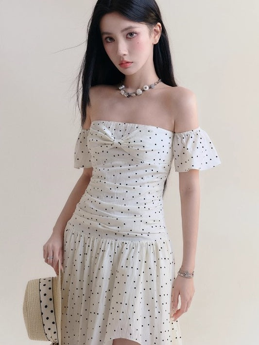 Bohemian Style Dot Pattern Off- Shoulder Dress