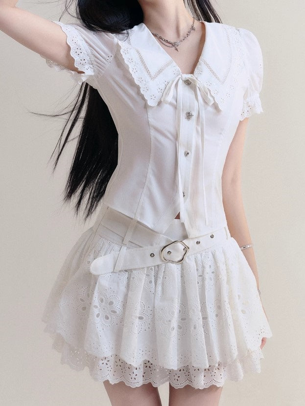 Girl Style Embroidered Puff Sleeve Shirt &amp; Lace Cake Gather Skirt