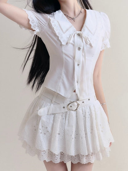 Girl Style Embroidered Puff Sleeve Shirt &amp; Lace Cake Gather Skirt