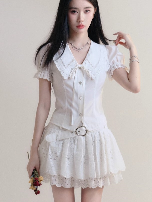 Girl Style Embroidered Puff Sleeve Shirt &amp; Lace Cake Gather Skirt