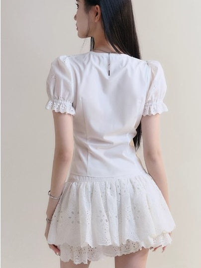 Girl Style Embroidered Puff Sleeve Shirt &amp; Lace Cake Gather Skirt