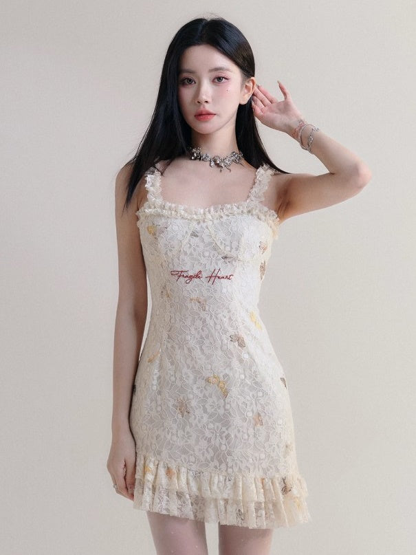 Butterfly Lace Embroidered Strap Dress