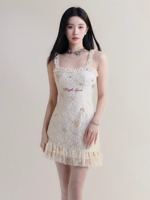 Butterfly Lace Embroidered Strap Dress