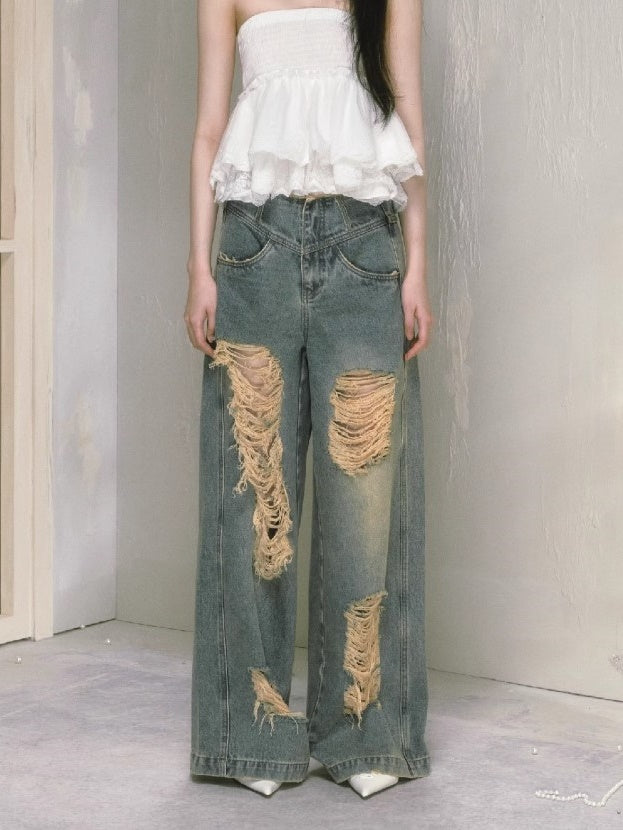 Loose Ripped Wide Leg High Waist Jeans