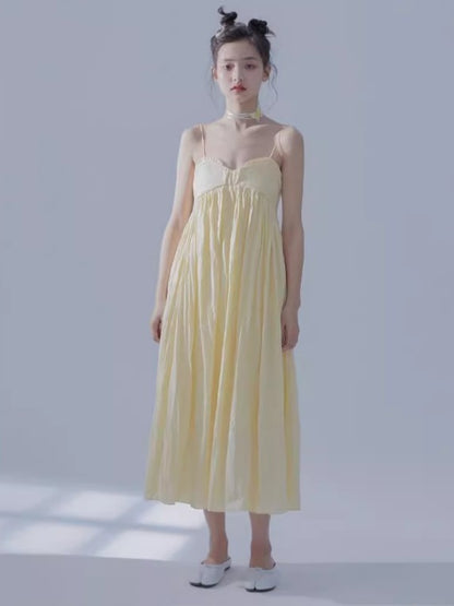 Pleated Design Long Gather Slip Dress