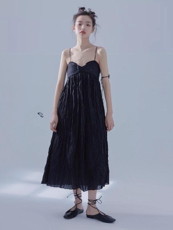 Pleated Design Long Gather Slip Dress