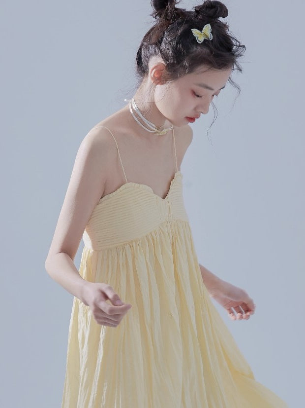 Pleated Design Long Gather Slip Dress