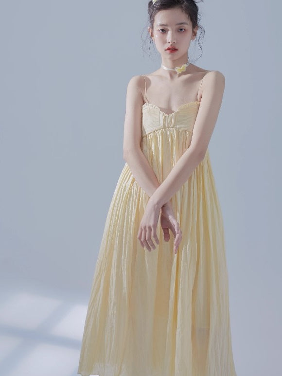 Pleated Design Long Gather Slip Dress