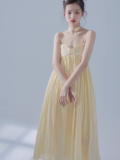 Pleated Design Long Gather Slip Dress