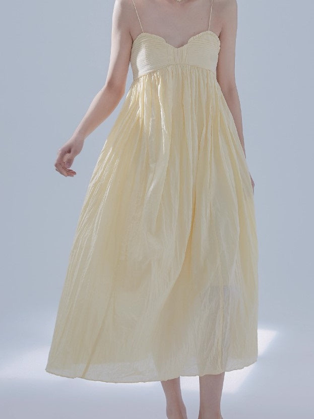 Pleated Design Long Gather Slip Dress