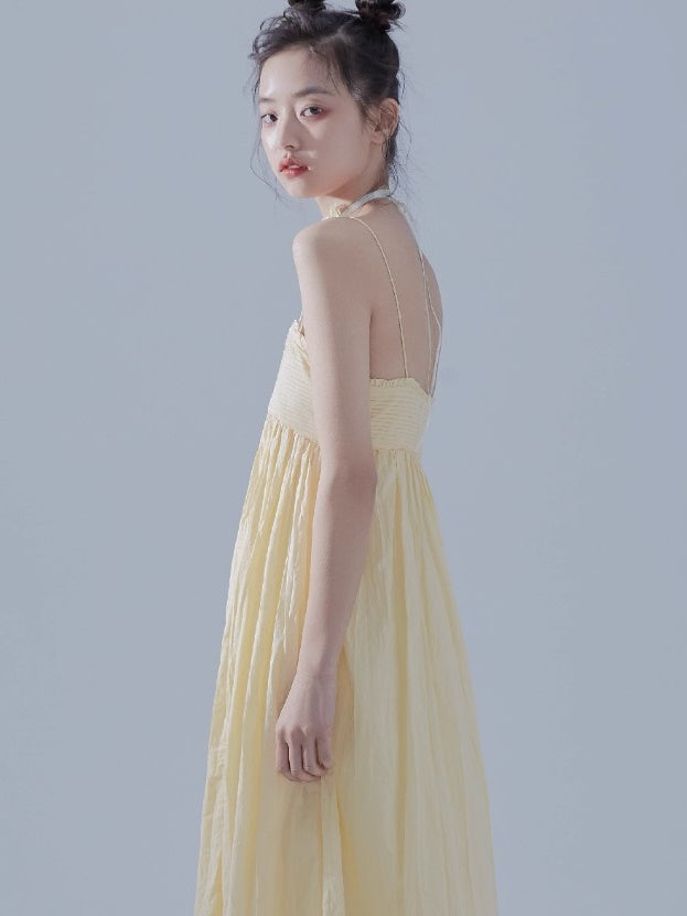 Pleated Design Long Gather Slip Dress