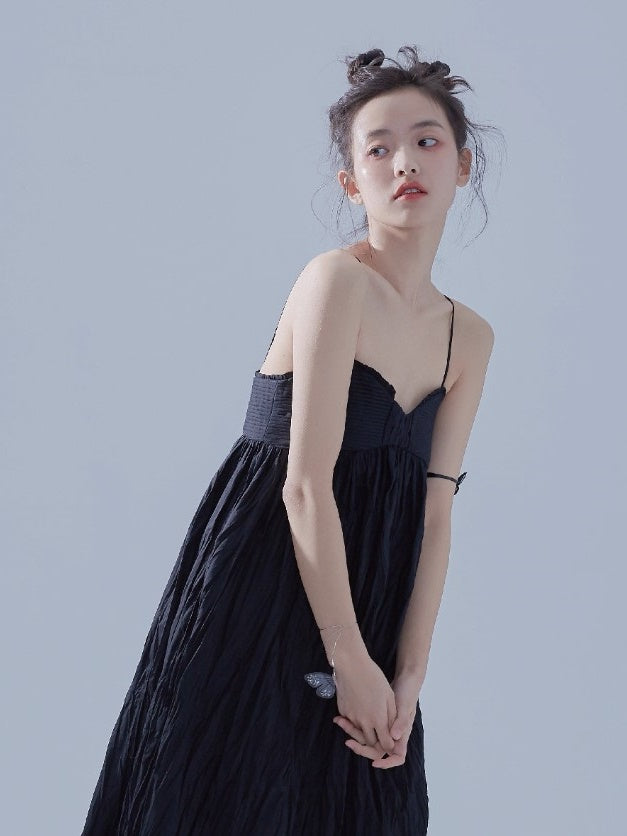 Pleated Design Long Gather Slip Dress