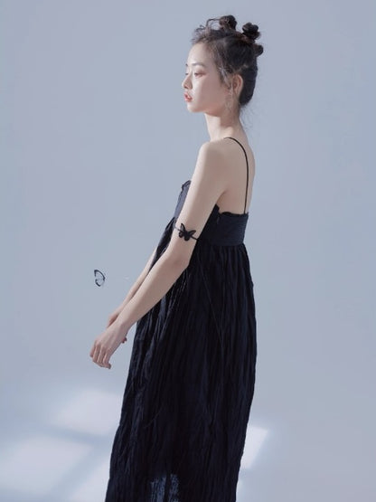 Pleated Design Long Gather Slip Dress