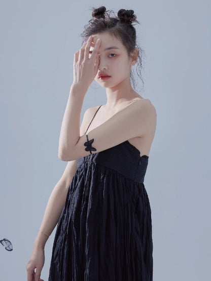 Pleated Design Long Gather Slip Dress