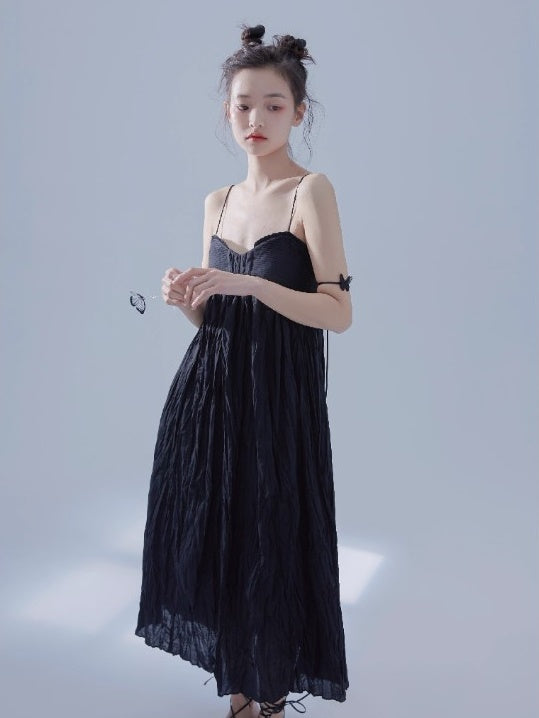 Pleated Design Long Gather Slip Dress