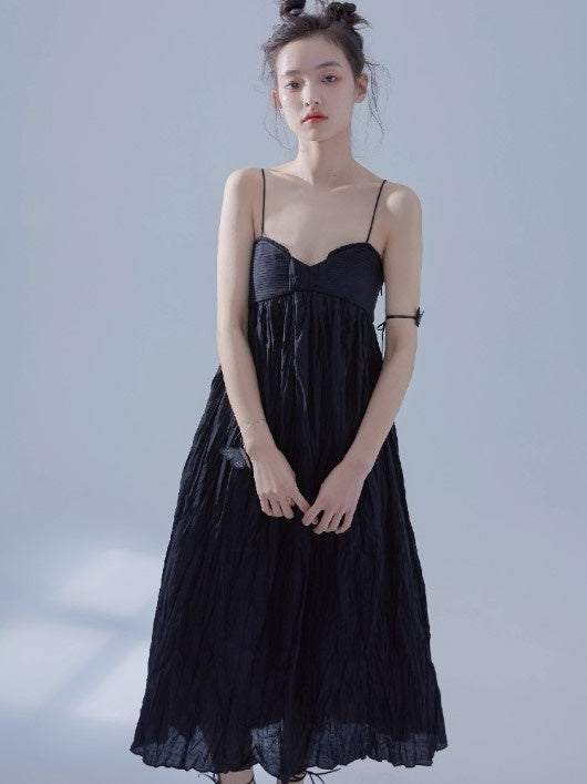 Pleated Design Long Gather Slip Dress