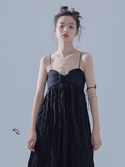 Pleated Design Long Gather Slip Dress