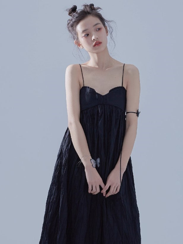 Pleated Design Long Gather Slip Dress