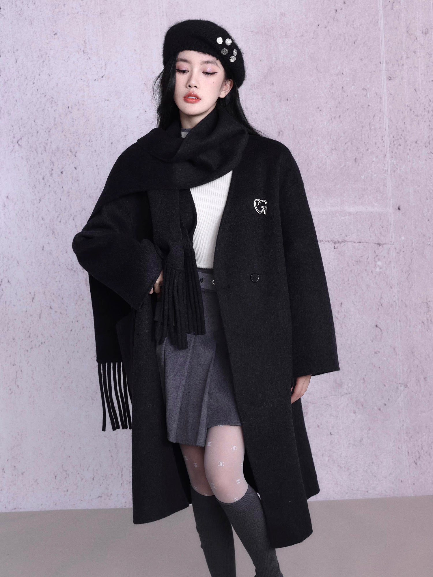 Double-sided Woolen Coat With Muffler