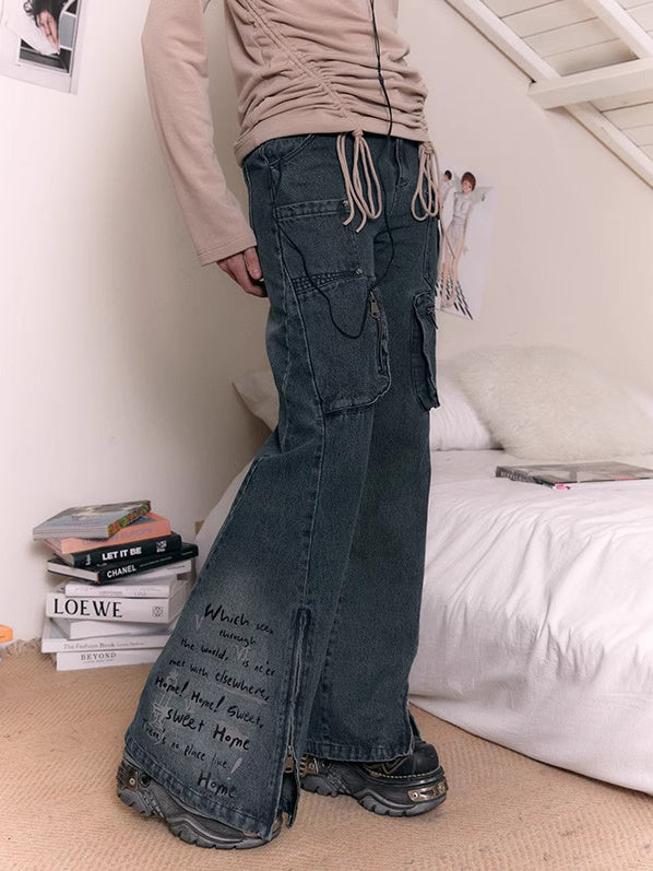 Printing Old Zipper Flare Jeans