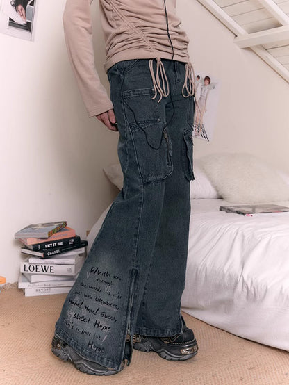 Printing Old Zipper Flare Jeans