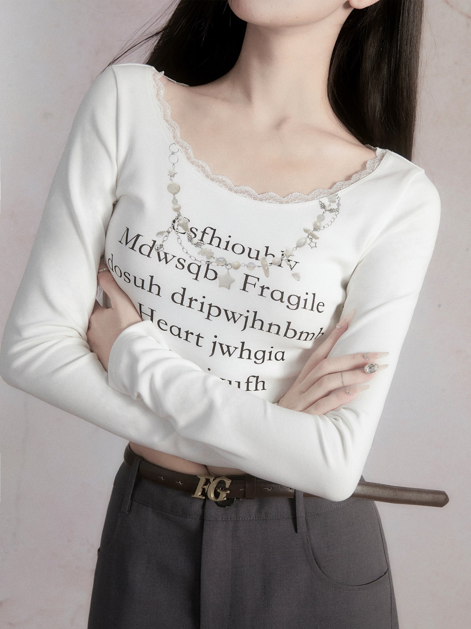 Lace Long-sleeved Lettering T-shirt &amp; Straight Skirt