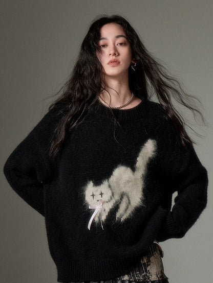 Cat Soft Waxy Round Neck Pullover Sweater