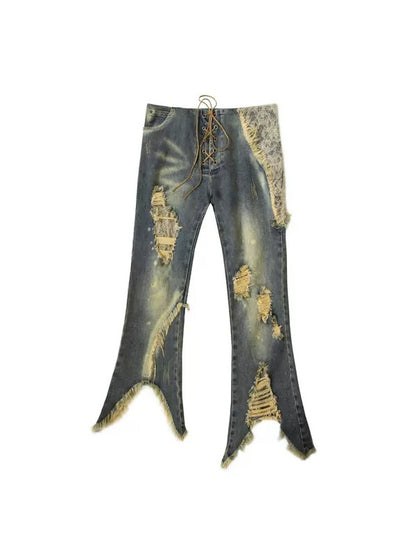 Patchwork Lace Ripped Washed Distressed Cropped Flared Denim Pants