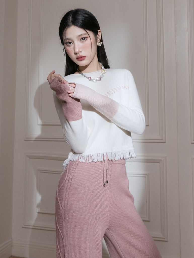 Two-tone Blush Hook Tassel Knitted Top