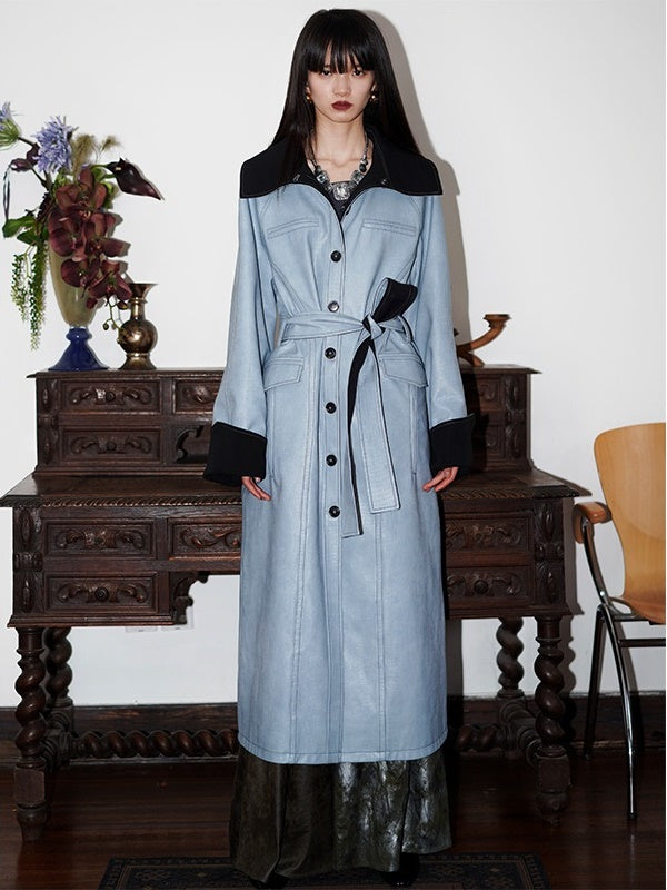 Reversible Belted Leather Long Coat