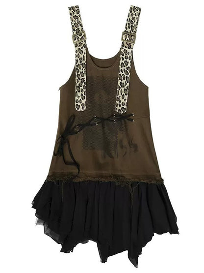 Leopard Strap Irregular Suspender Skirt