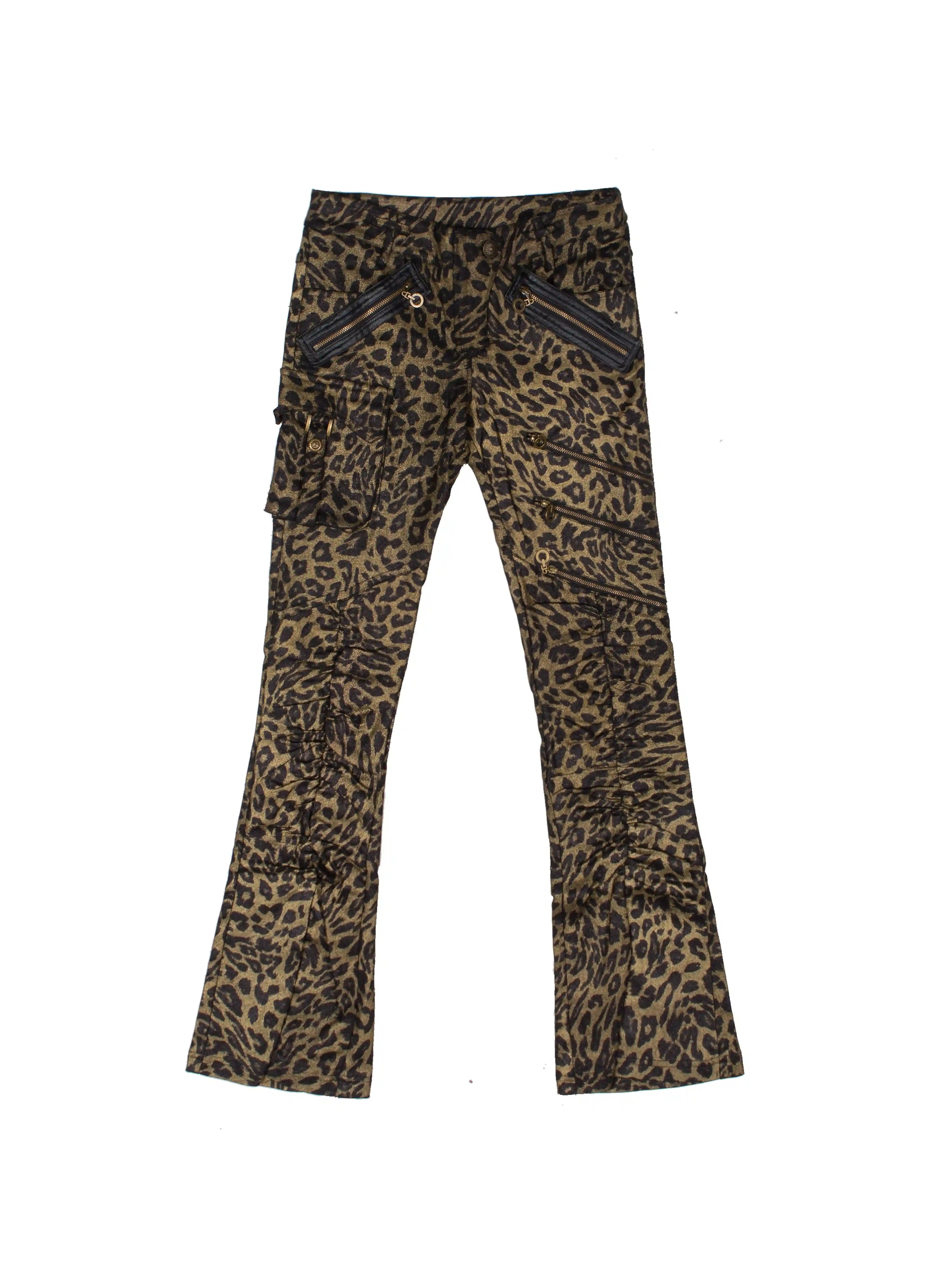 Leopard Print Punk Texture Low-waist Shirring Flared Pants