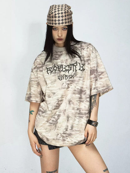 Camouflage Punk Letter Distressed Washed T-shirt