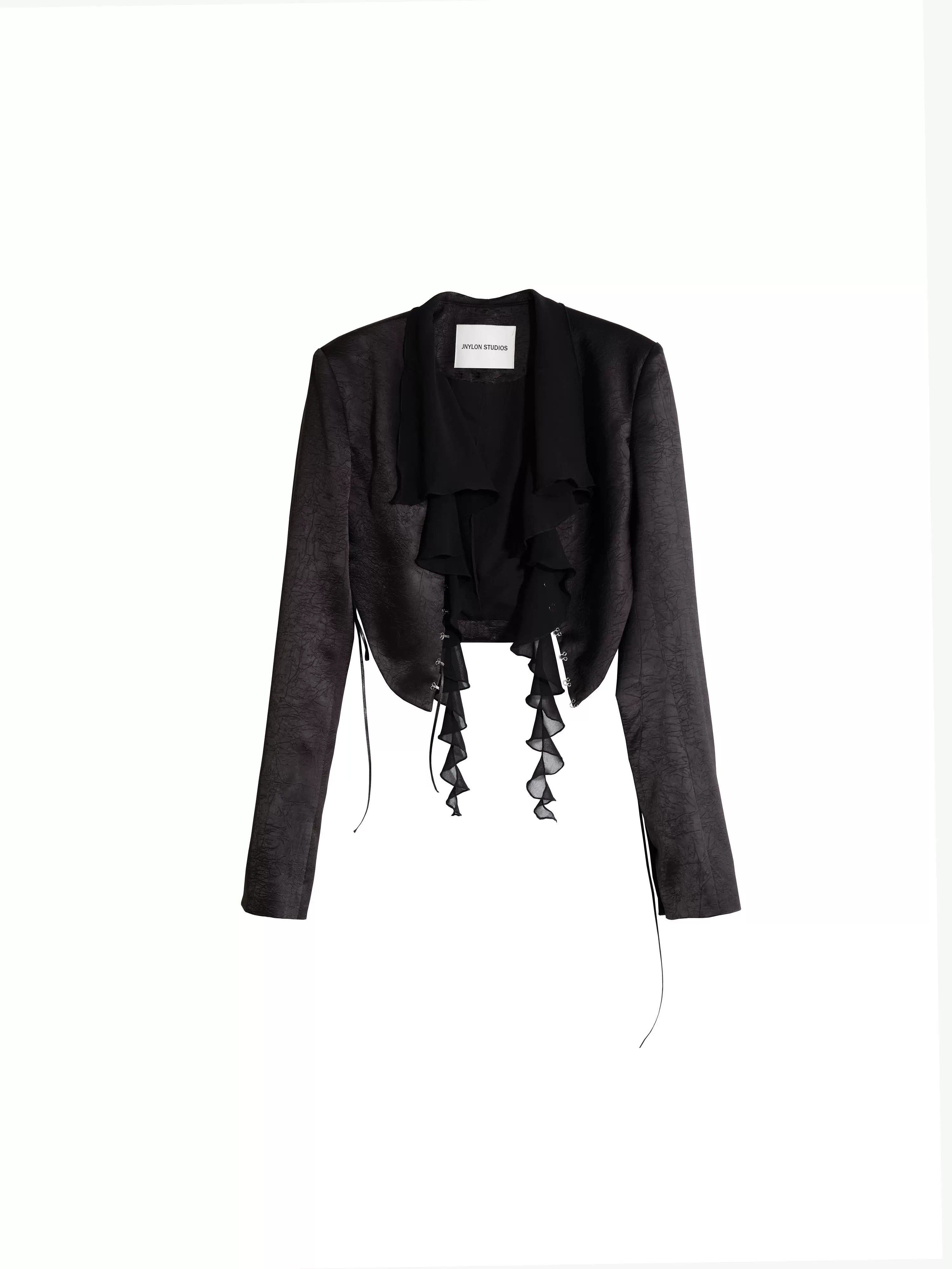 Waist Exposed Pleated Textured Satin Short Jacket