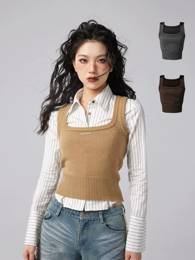 Square-Neck Elastic Short Knitted Vest