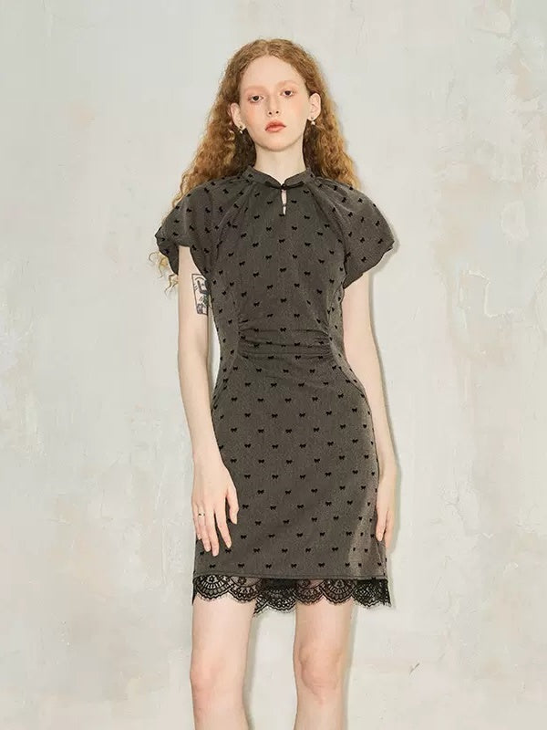 Chinese Style Bowknot Print Waist Dress