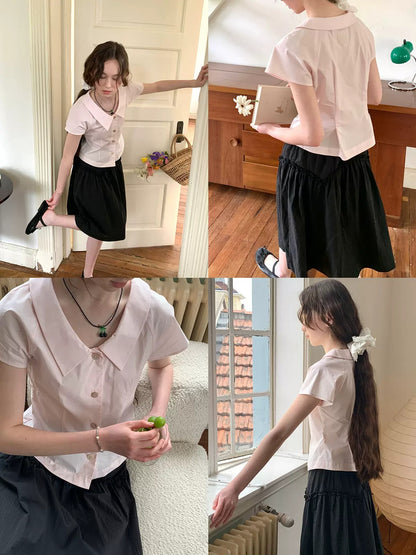 Flat Collar Waist Shape French Sleeve Shirt