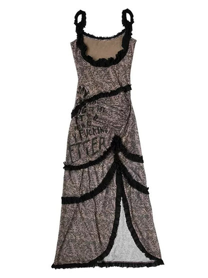 Leopard Print Mesh Long Suspender 2Way Dress