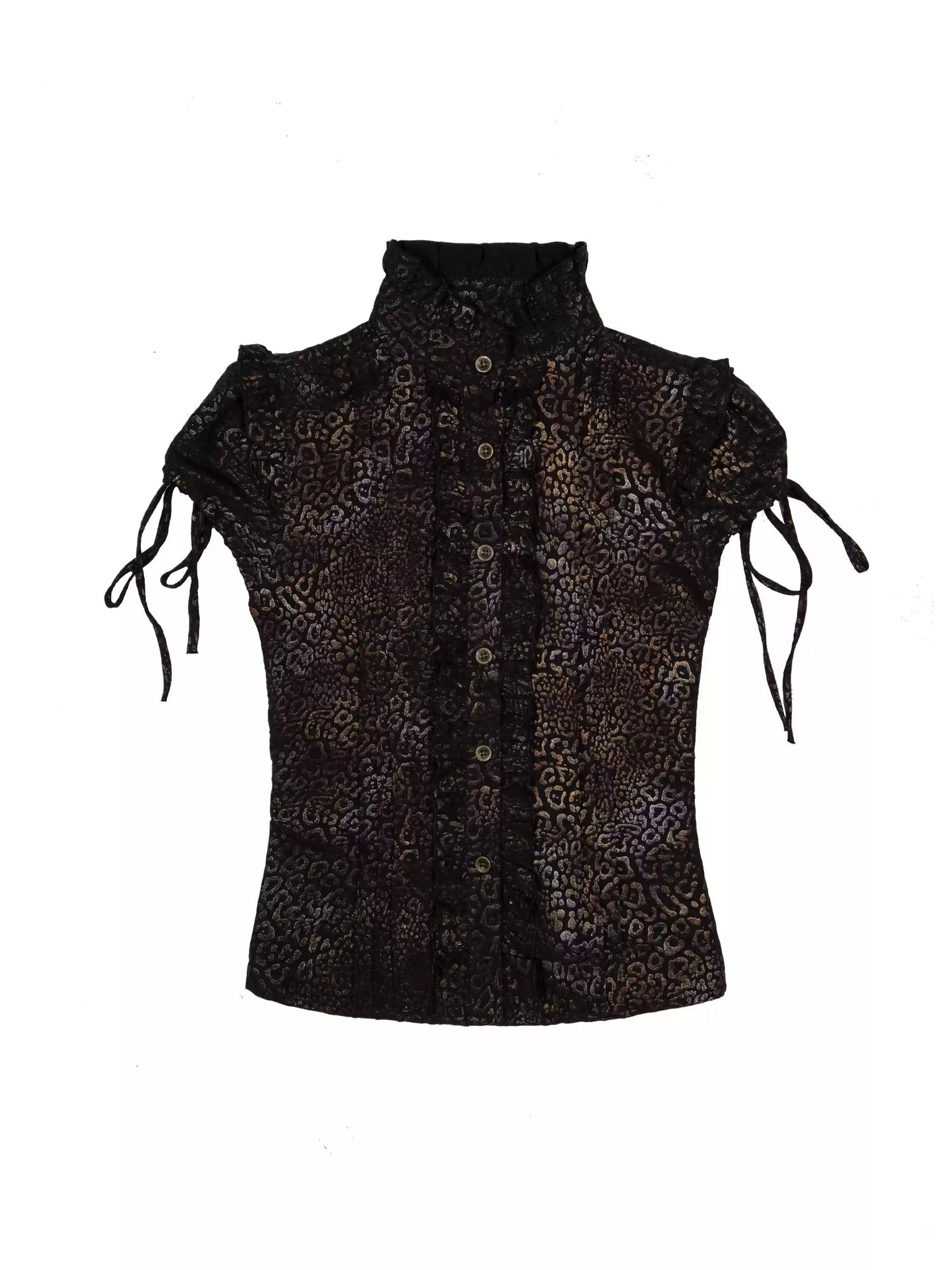 Slim-fit Stand-up Collar Leopard Print Frill Shirt