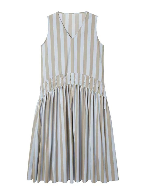 Holiday Style V-neck Folded Tuck Striped One-piece