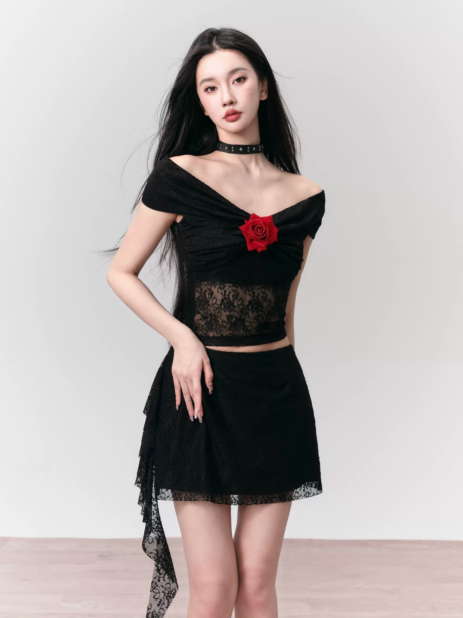 Floyd Rose Lace Slim Off-Shoulder Top &amp; Ruffle Skirt