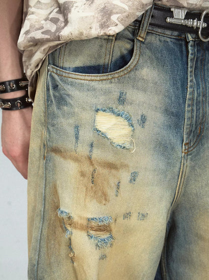 Mud-dyed Ripped Wide Straight Jeans