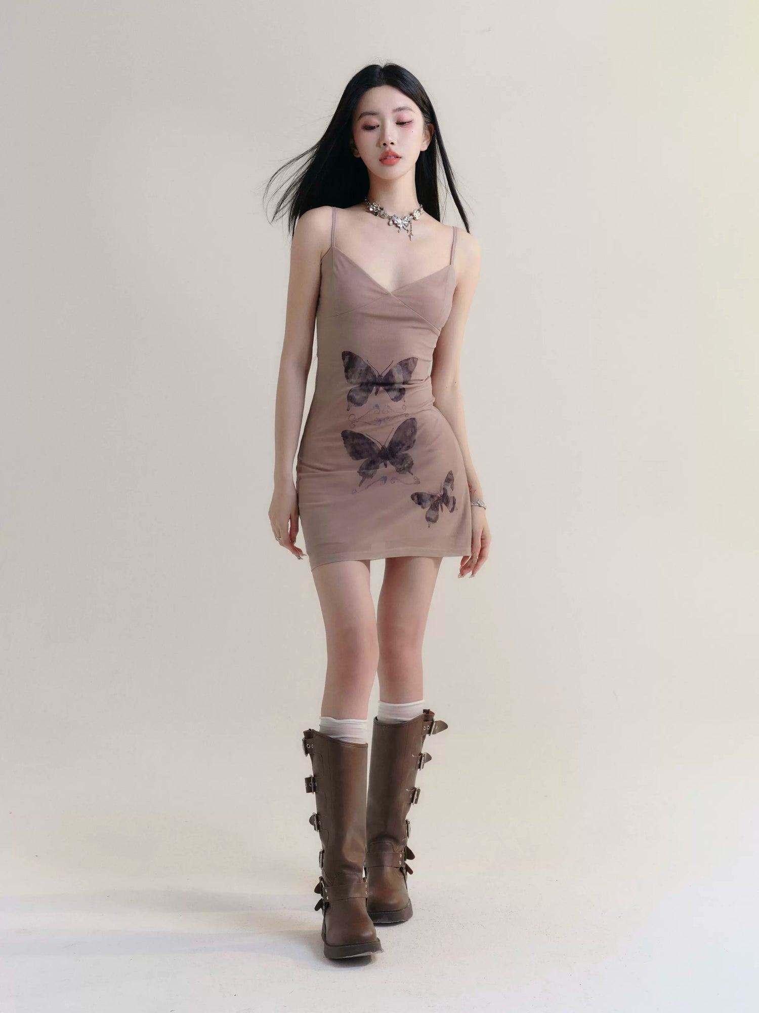 Butterfly Print Suspender Slimming Dress