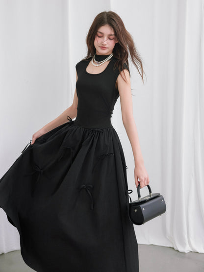 Square Cutout Stand Collar Bow Long Dress